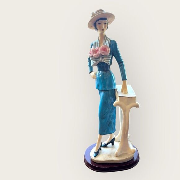 Vintage Lady Figurine Blue Dress with Pink Flowers - Picture 1 of 5